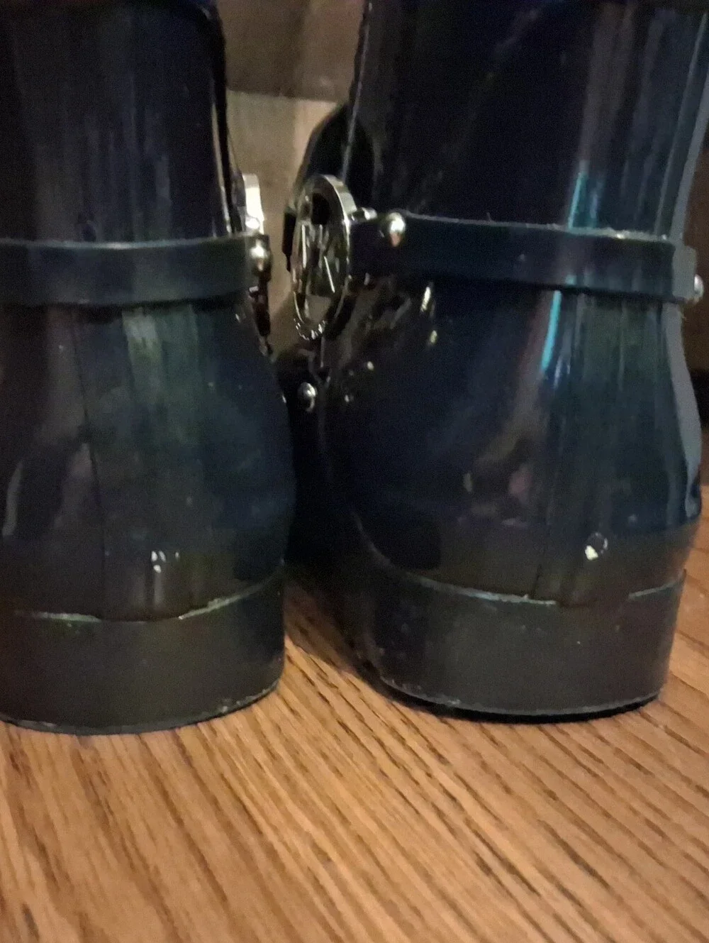 Michael Kors Fulton Harness Black Tall Rubber Rain Boots MK Silver Logo Womens 9